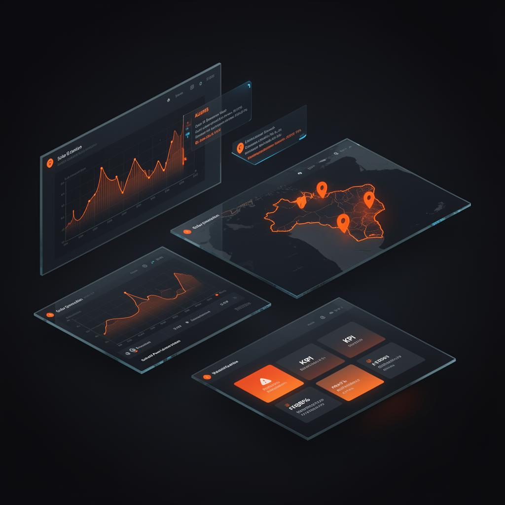Dashboard AssetSolar com gráficos de geração, mapa de usinas e alertas em tempo real